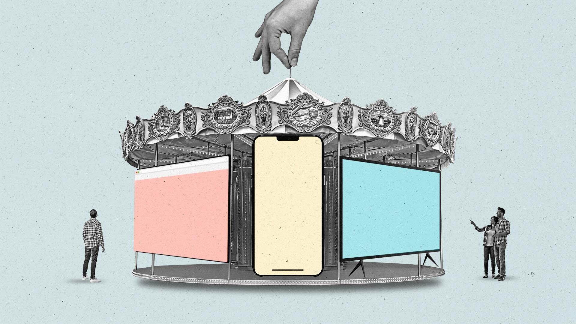 A hand turns a carousel with a variety of different screens such as a smartphone, a browser window and a connected TV as onlookers watch.