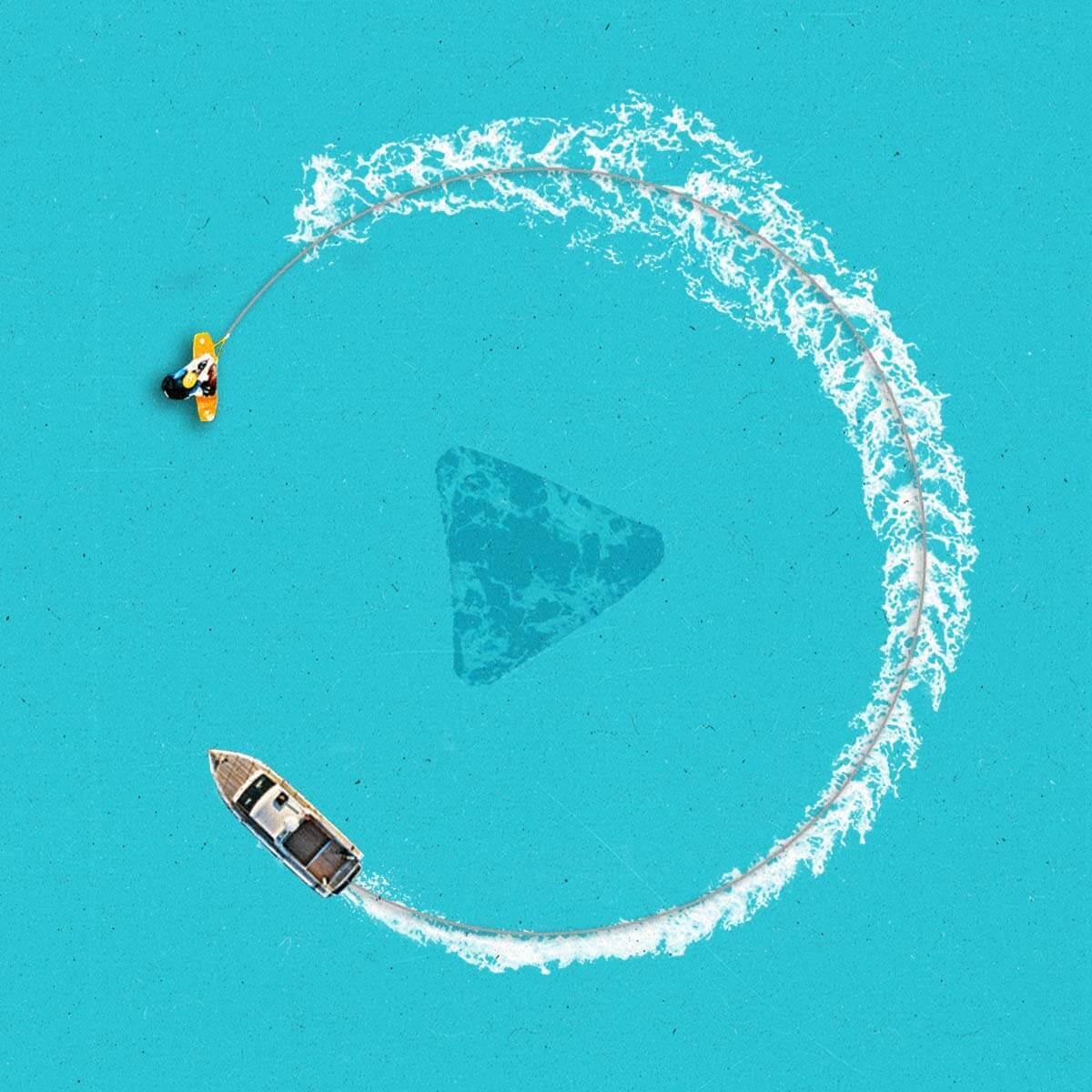 Blue graphic of two jet skiers circling around a play button
