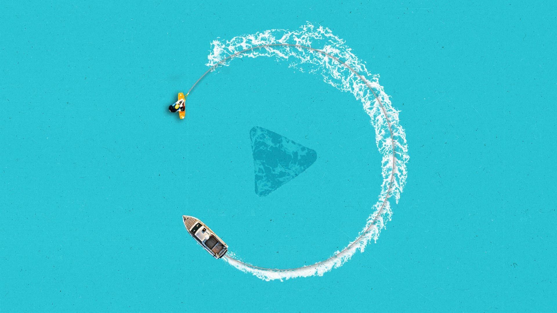 Blue graphic of two jet skiers circling around a play button