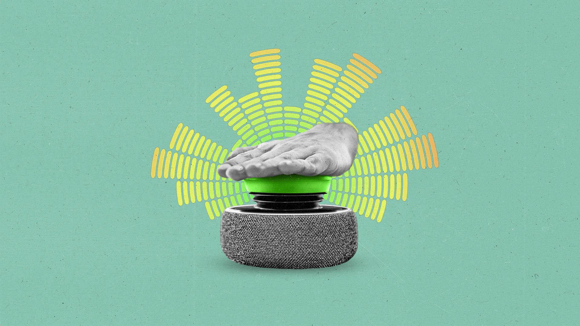 Hand pressing a button onto a bluetooth speaker, with volume bars emerging from it.