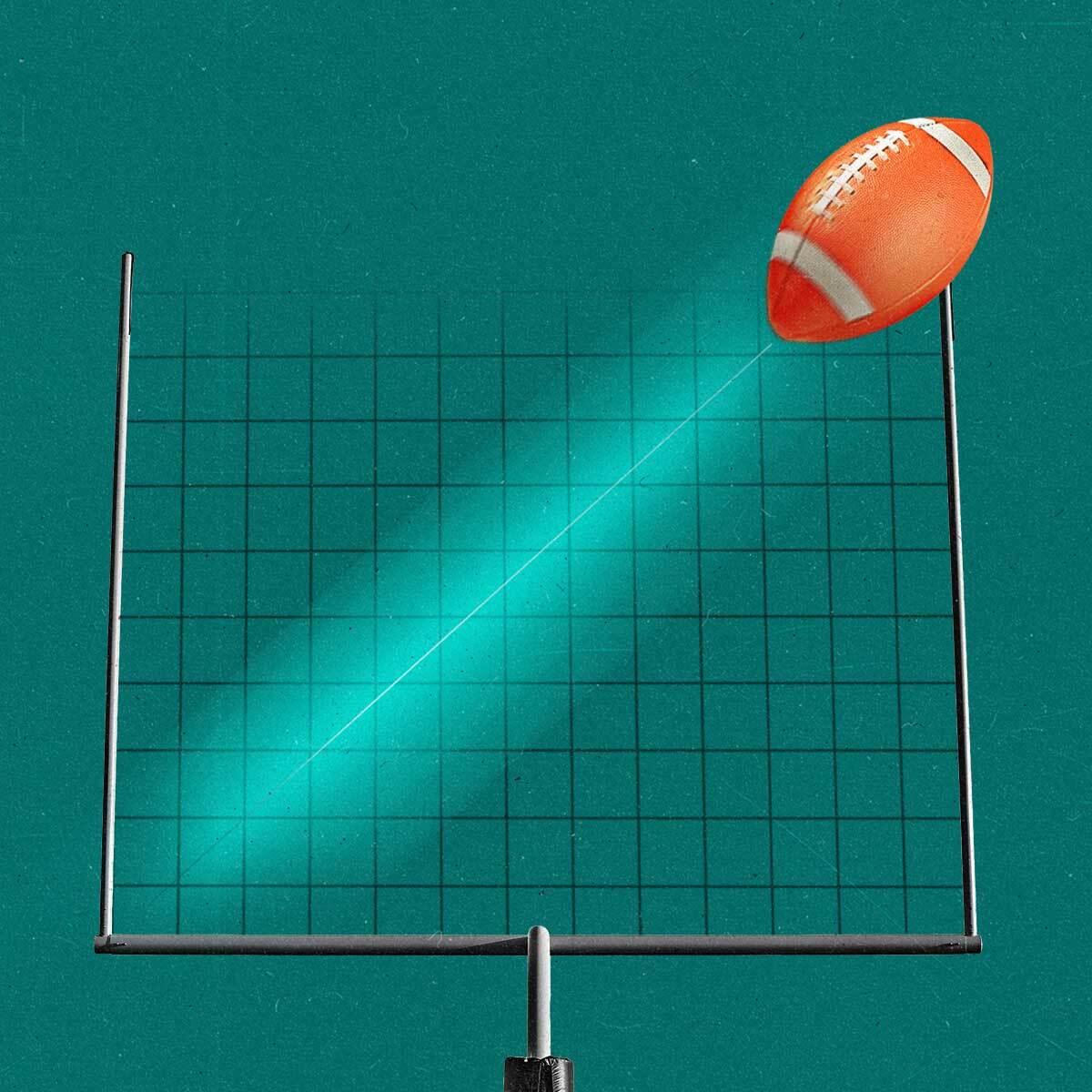 A collage-style illustration showing a line graph framed by a football goal post, and a football moving at an upward trajectory over the graph.