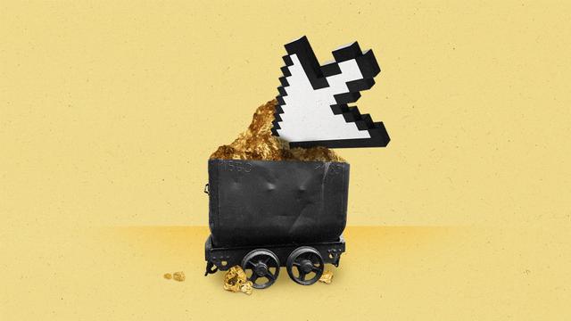Gold nuggets sit in an old minecart with a large pixelated cursor sitting inside.