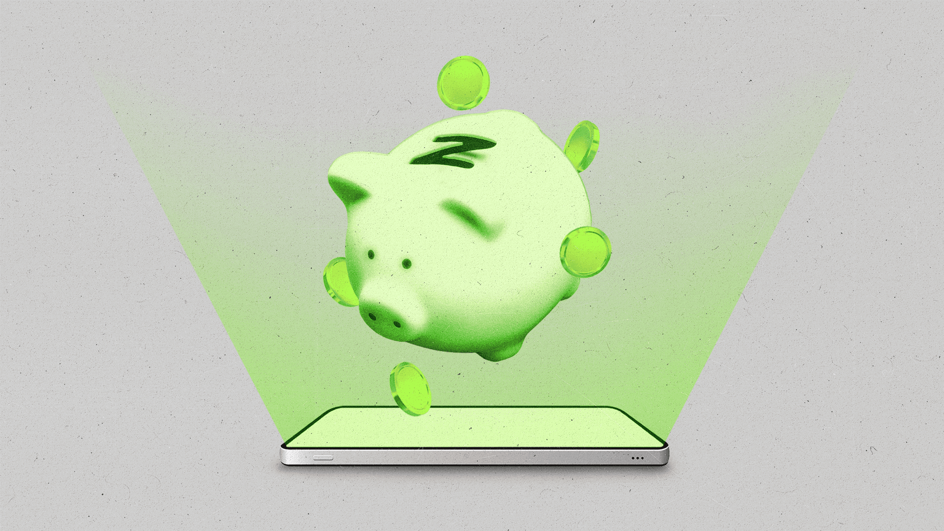Glowing green piggy bank with "Z" coin space hovering over a cellphone with green coins in the air.