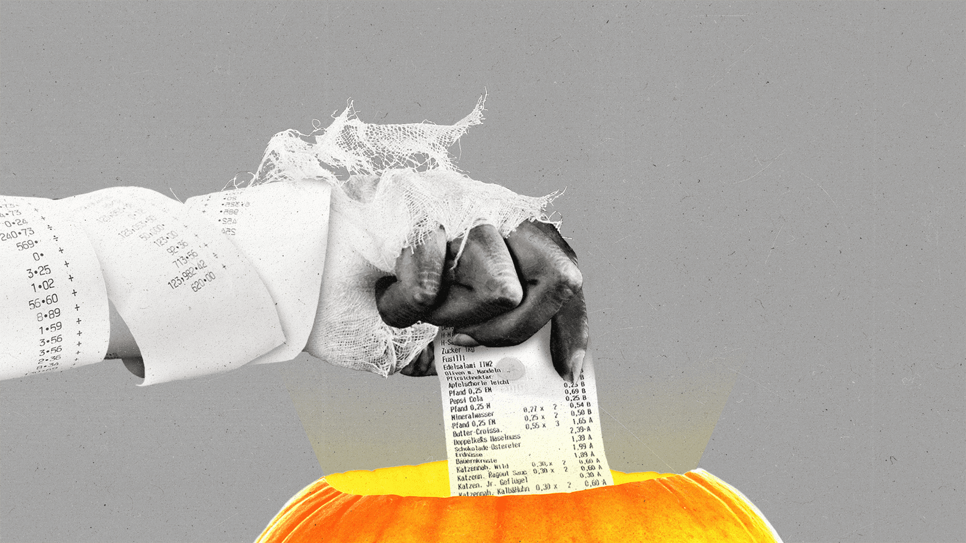 Mummy hand wrapped in receipt paper pulls an itemized receipt out of a glowing jack-o-lantern.