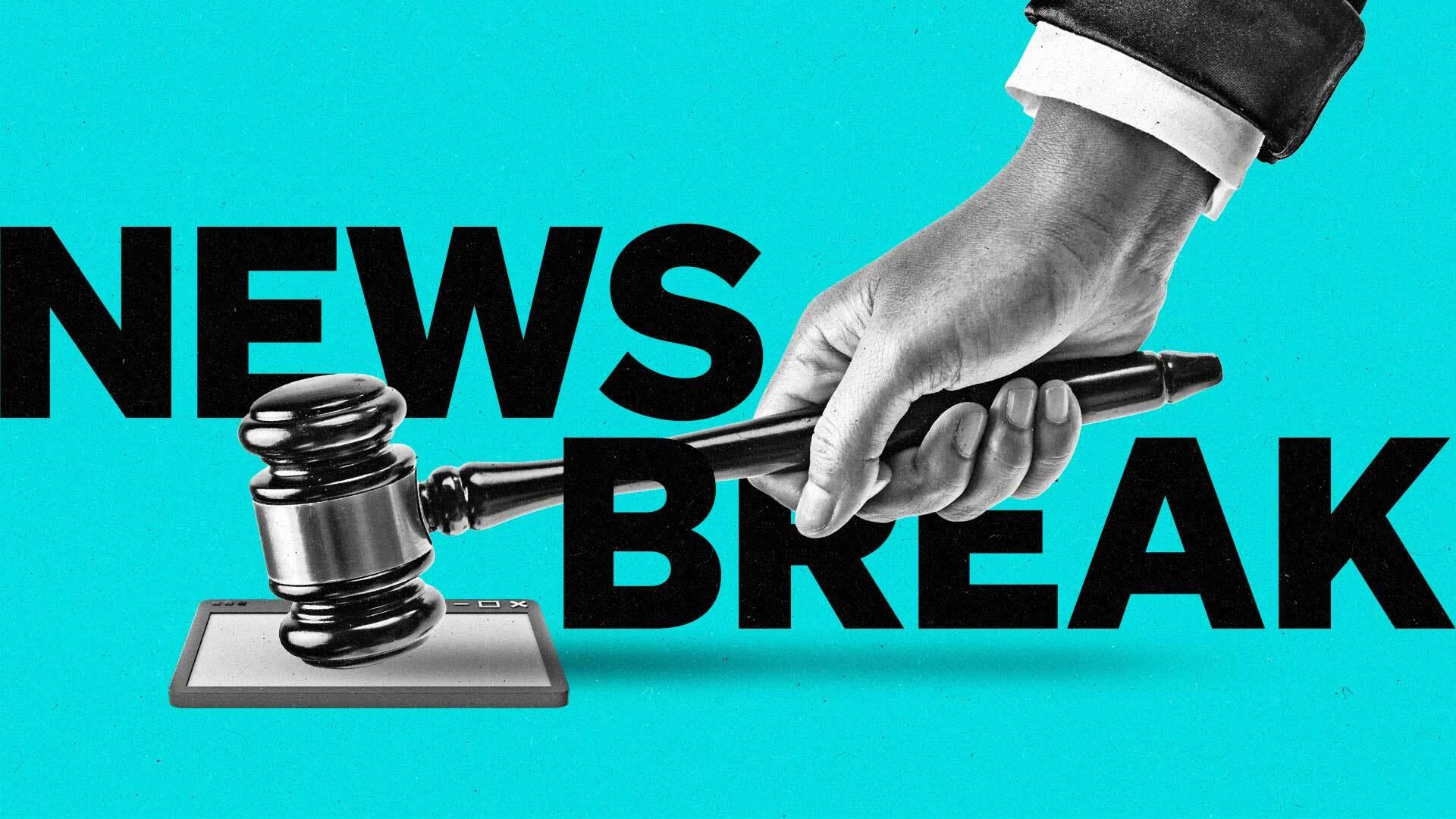News Break with a hand holding a gavel over a search window.
