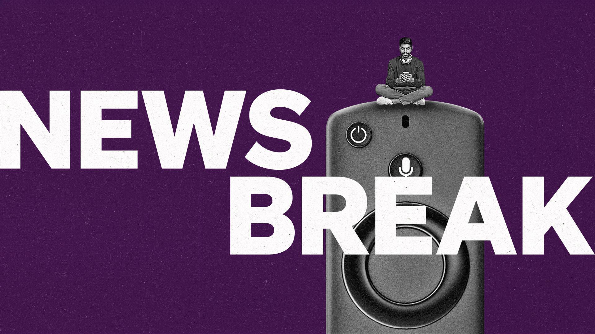 Remote control with person sitting at the top within words news break on purple background