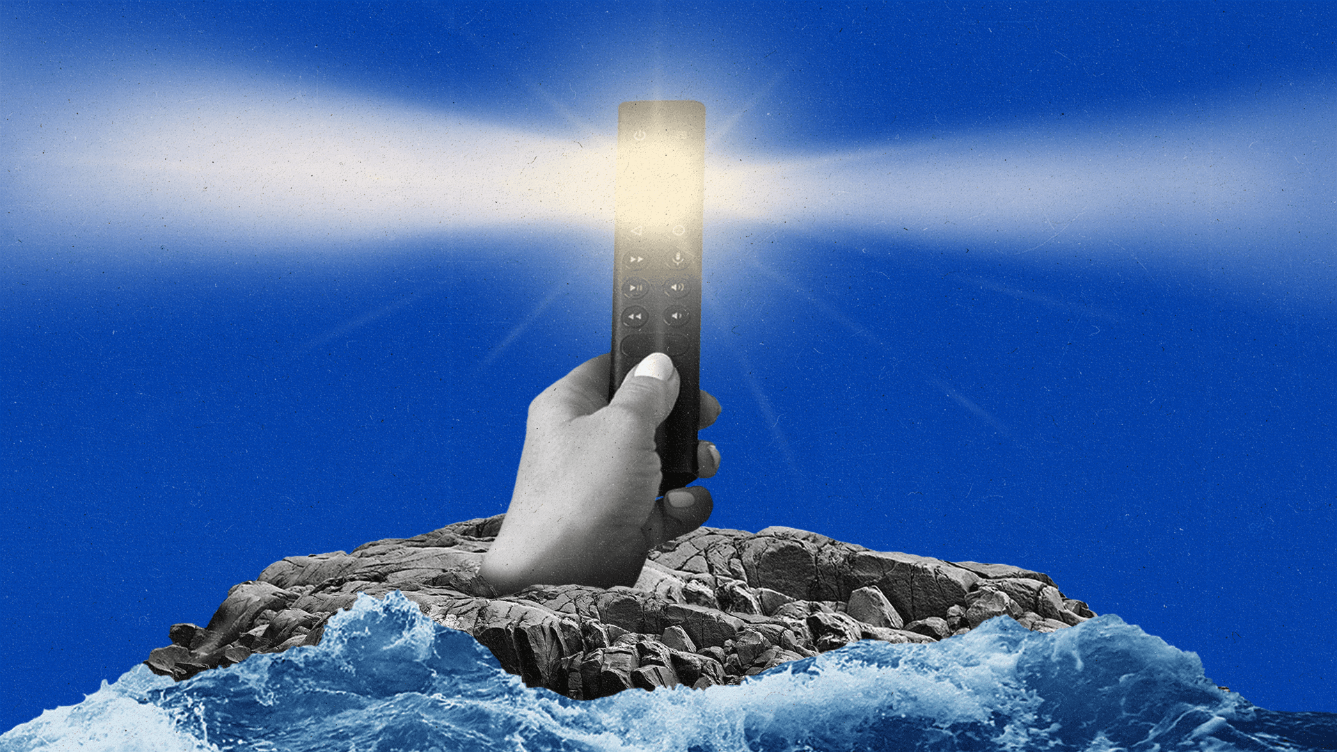 Streaming remote standing on a rocky shore with light coming from the top like a lighthouse.