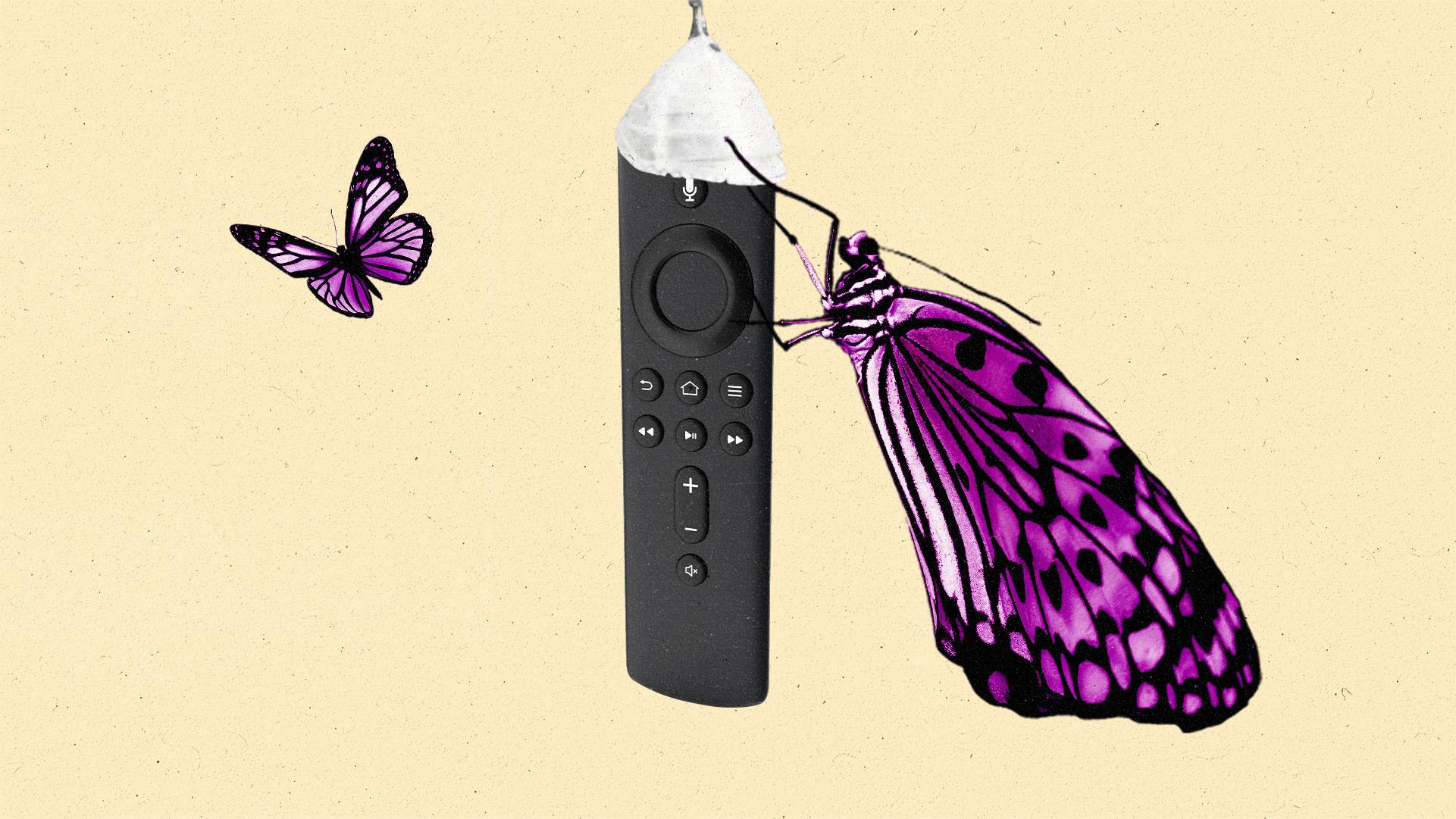 Purple butterfly emerging from a streaming remote-shaped chrysalis while another purple butterfly flies away.