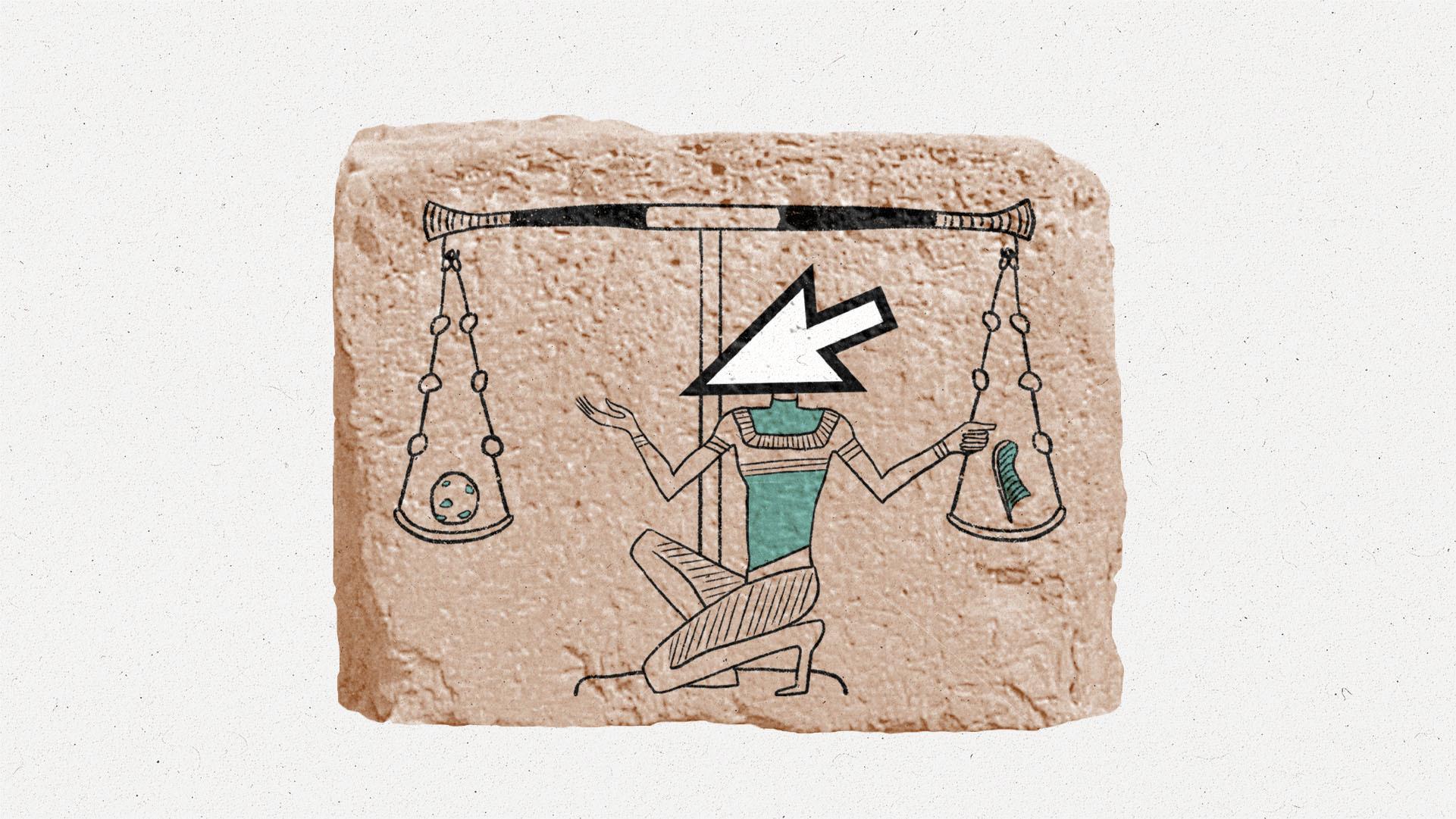 A hieroglyphic-style illustration of Anubis with a cursor for a head, weighing a cookie on his scales against a feather.