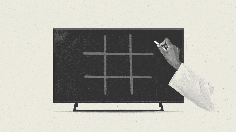 A hand holding chalk hovers over a connected TV with a tic-tac-toe board that contains three circular loading icons.