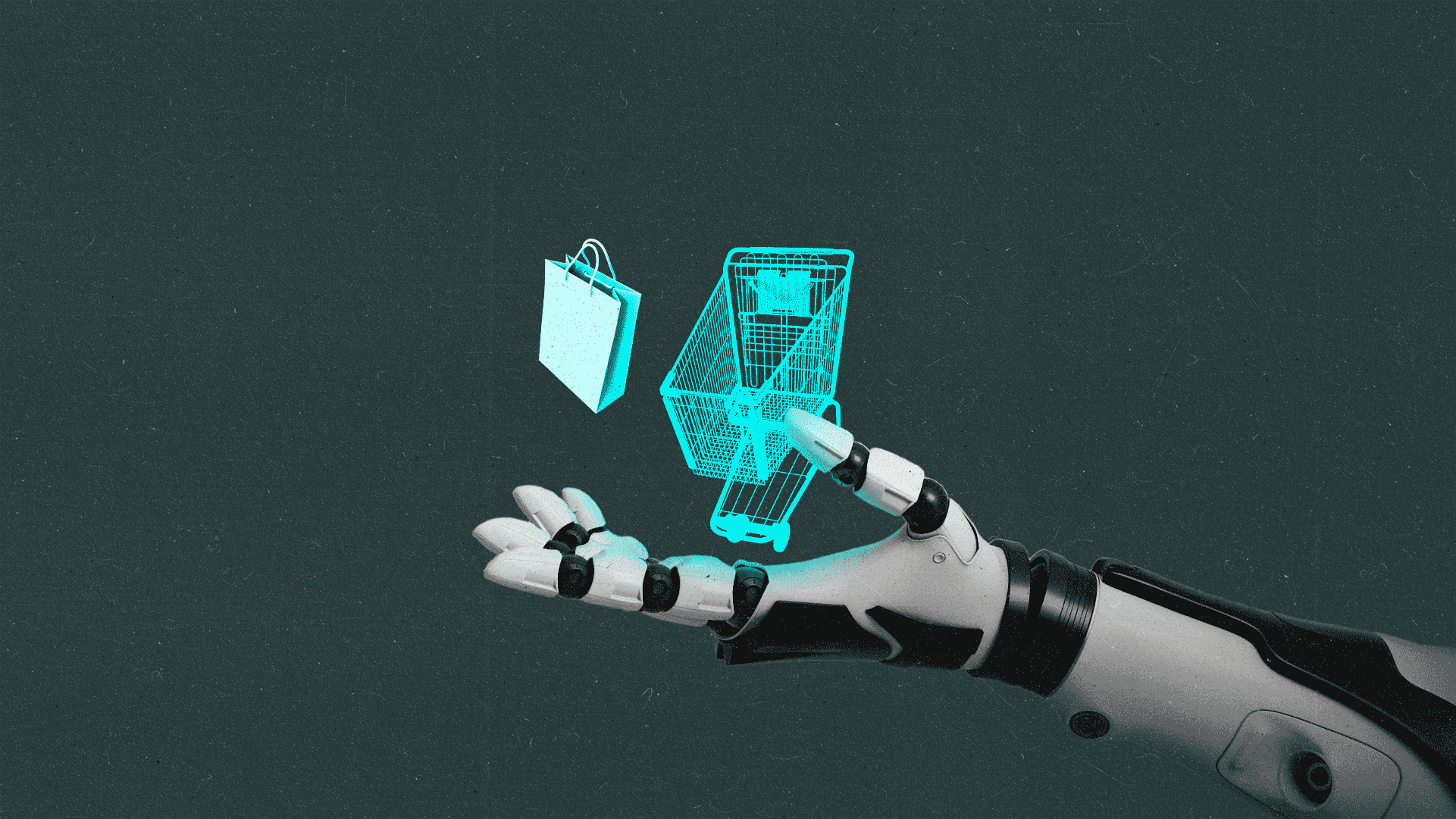 An electric blue shopping cart and shopping bag float above the palm of a giant robot hand.