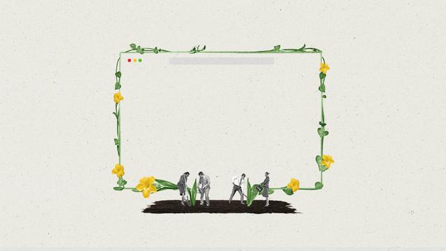 A group of people in business attire work on a garden as flowers and vines grow into a browser window.
