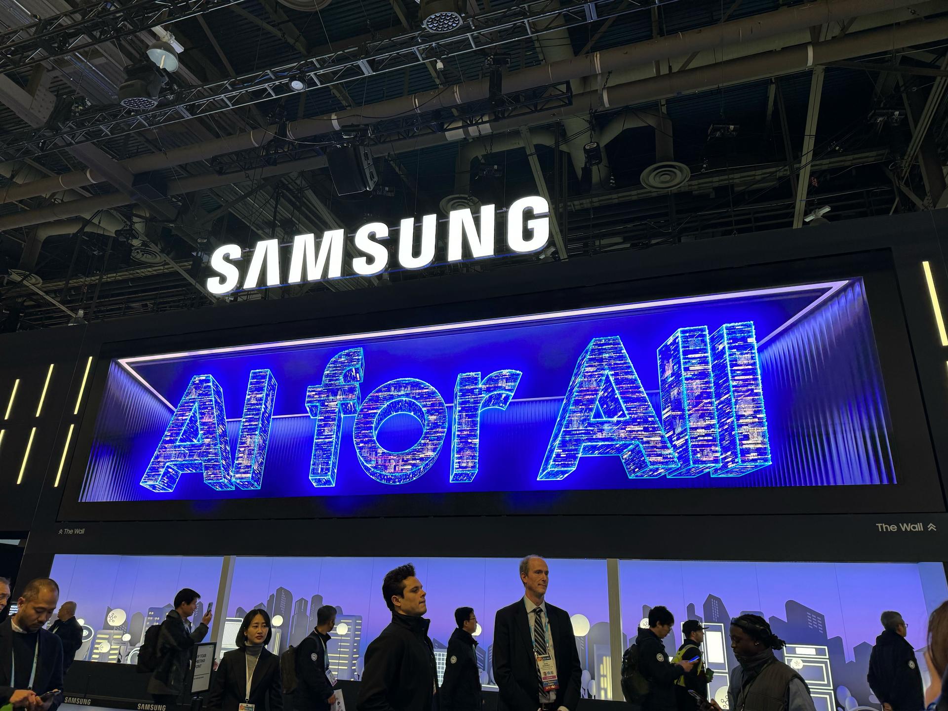 Samsung logo with sign that says 'AI for all' from CES 2024.