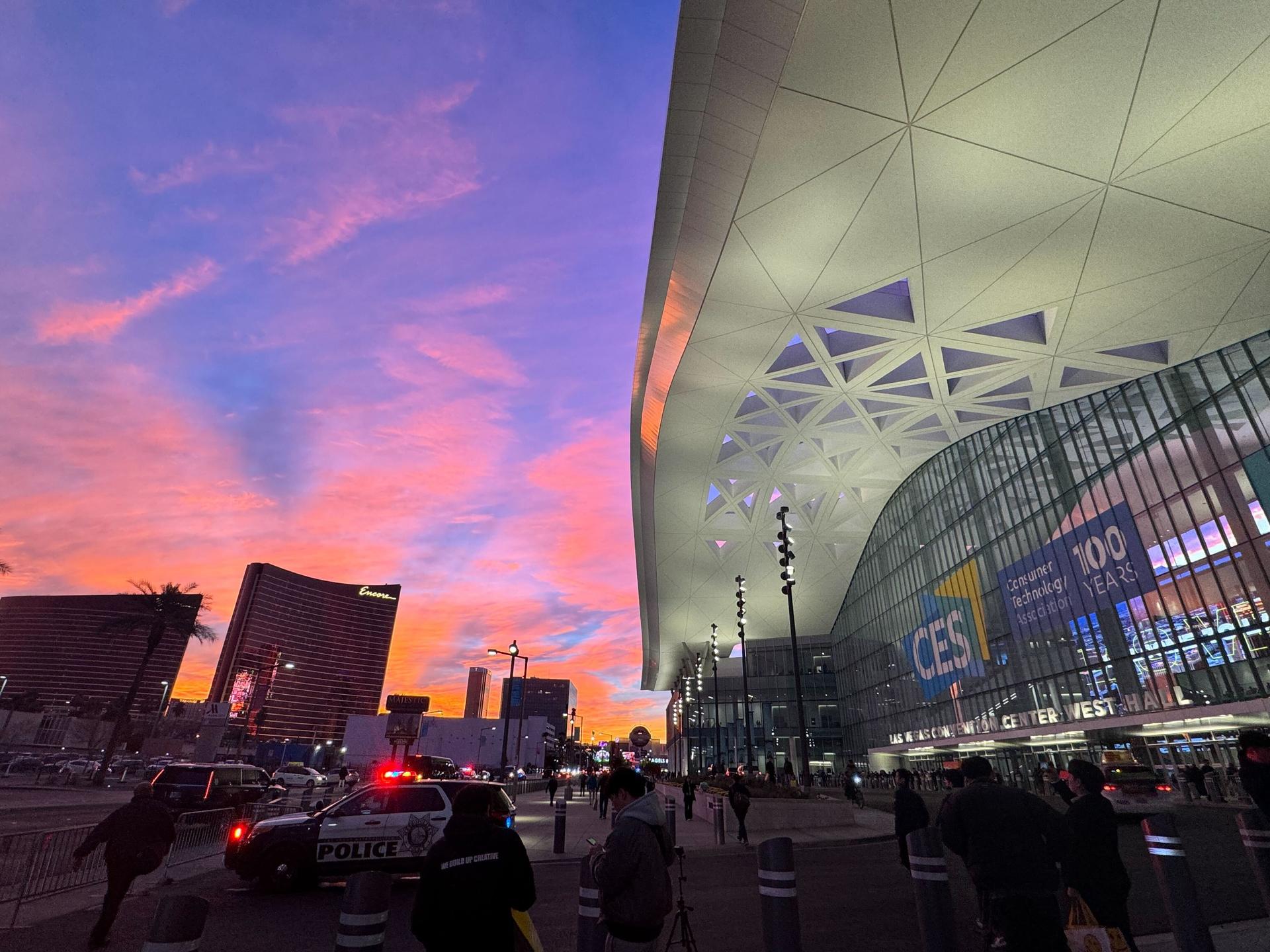 Image of a sunset and conference building where the annual CES 2024 event took place.