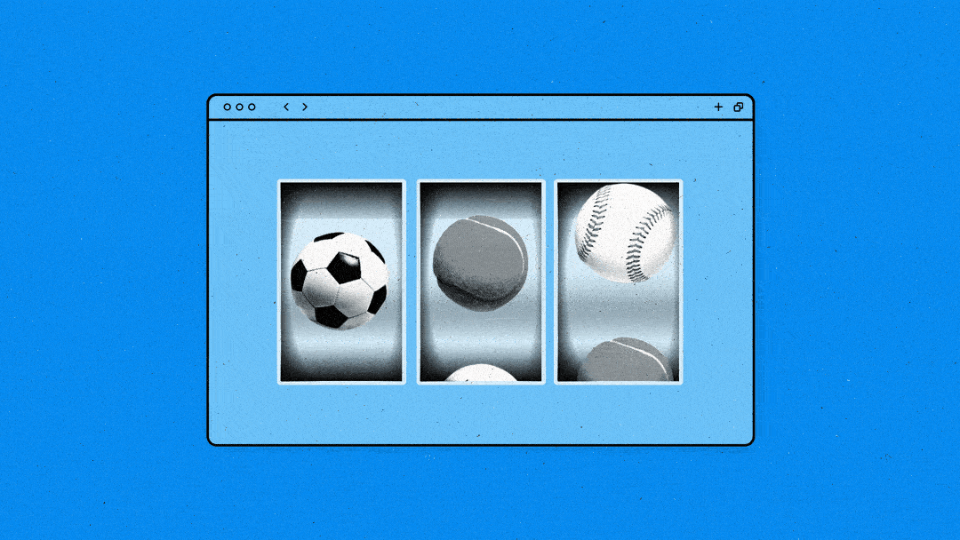 A browser window displays spinning 3-reel of sports balls, eventually landing on 3 basketballs in a row.