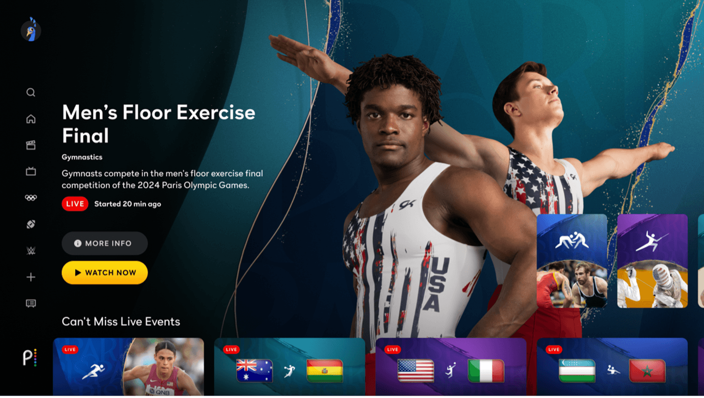 A look at Peacock's main Olympics Hub screen showing male gymnasts next to a 'Watch Now' button showing "Men's Floor Exercise Final".