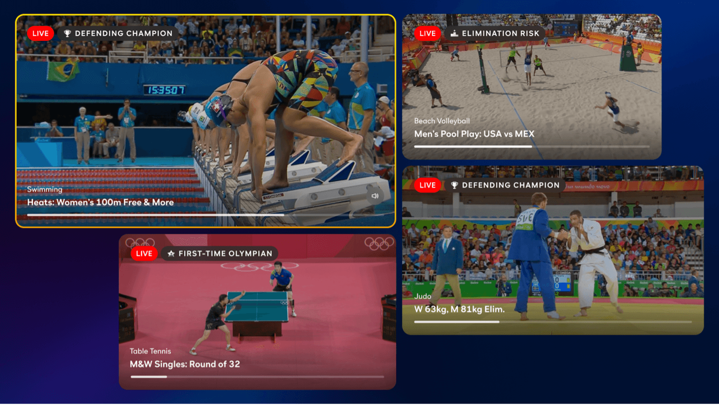 A look a Peacock's Multiview Olympics viewing option showing multiple videos on one screen of various olympic games.
