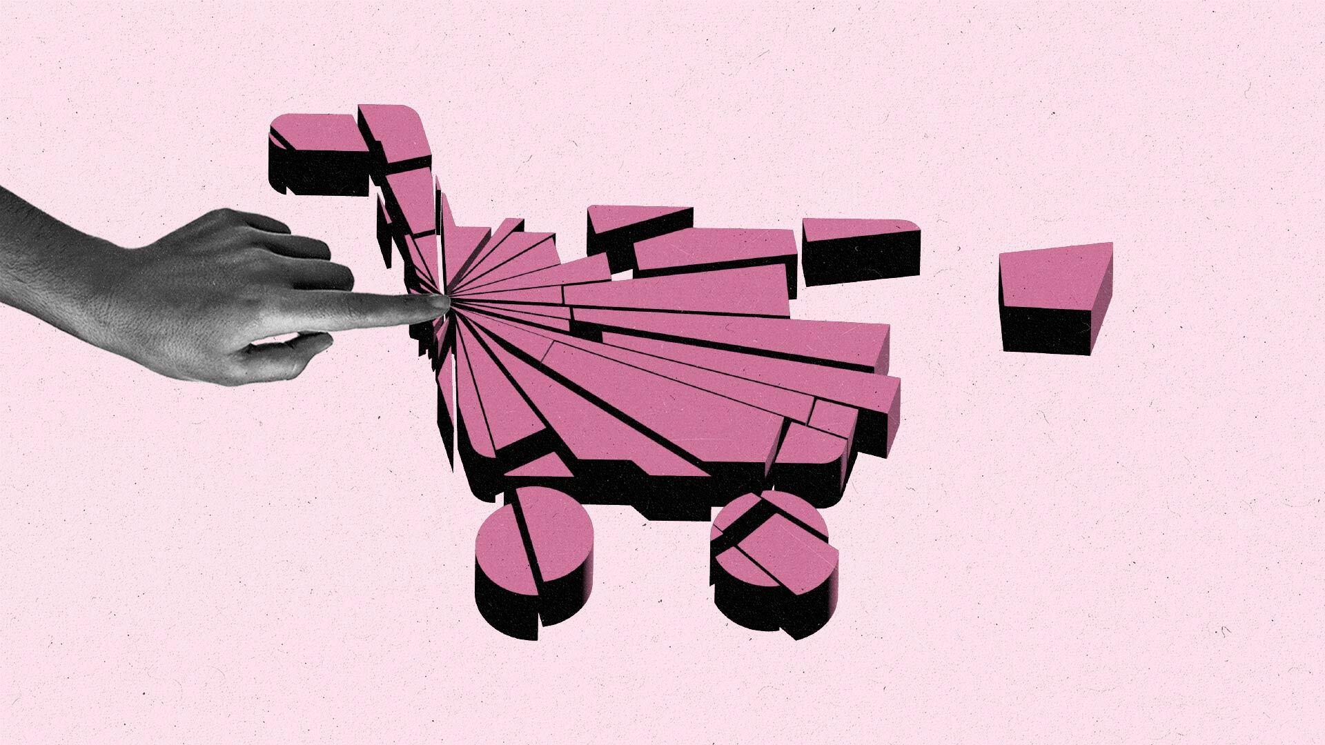 A finger touches the breakpoint of a shopping cart icon that has been shattered into several shard-like pieces.