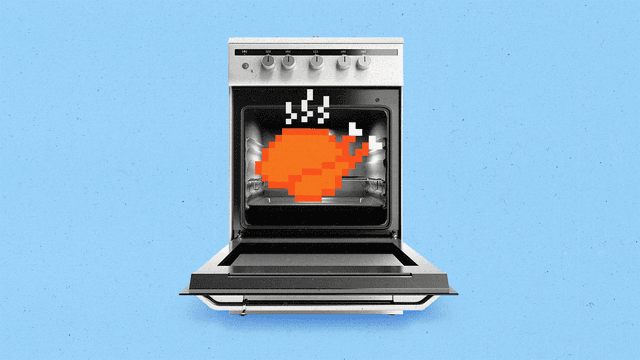 An open oven with a steaming pixel art turkey inside.