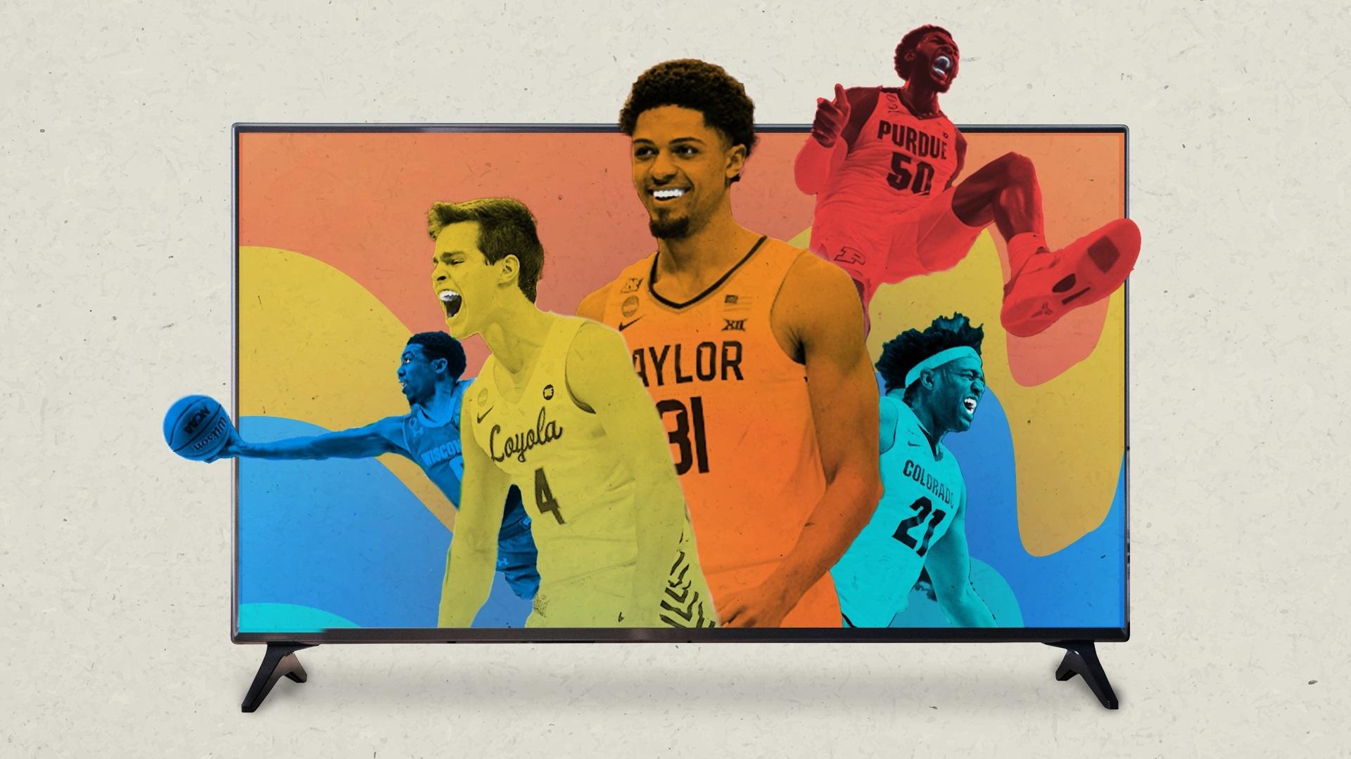 TV screen with college basketball players overlayed on the screen in different color.