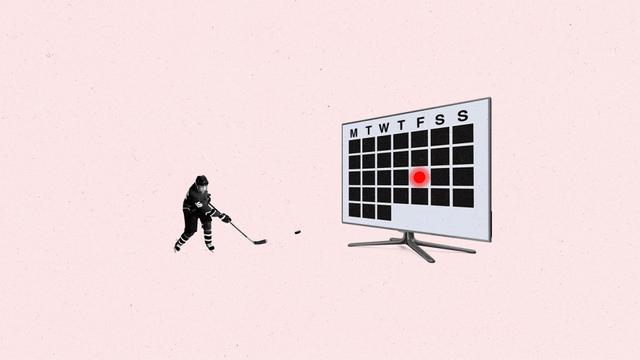 An ice hockey player hits a puck into a TV with a calendar on it.