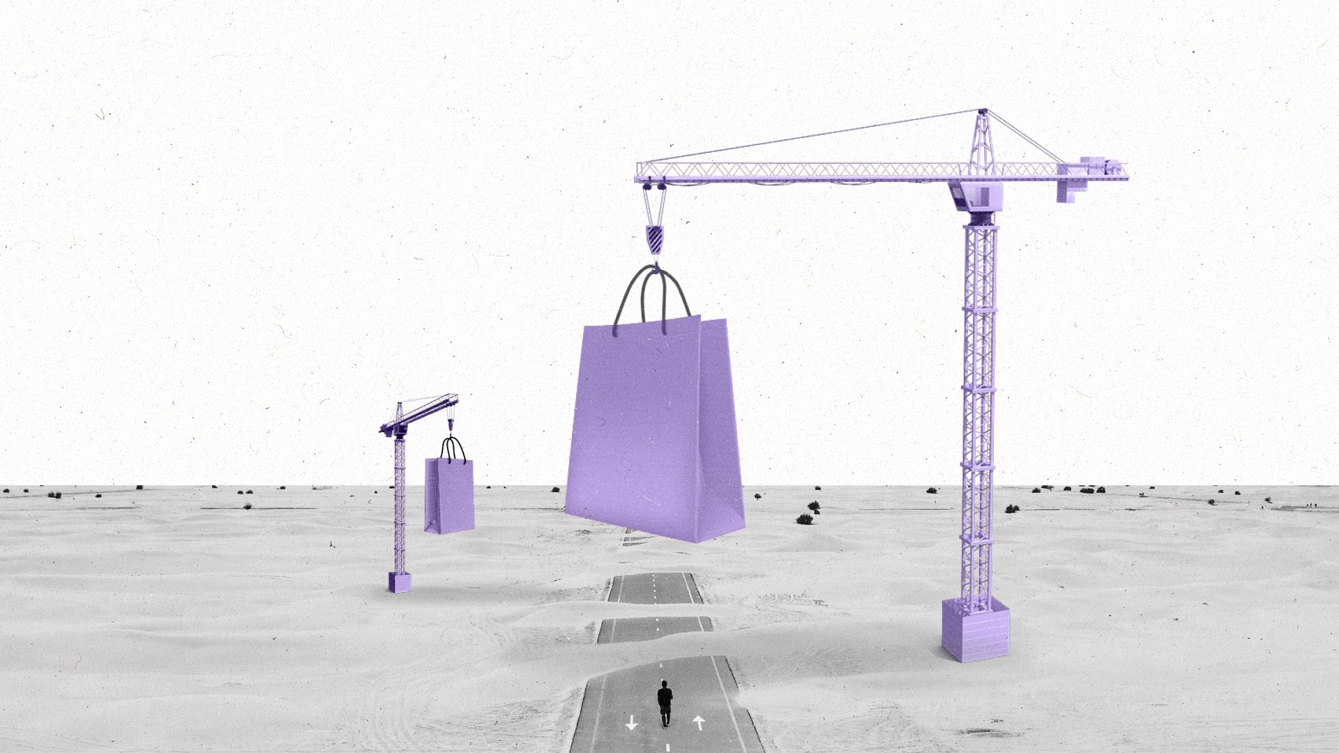 Cranes holding oversized shopping bags on a road in the desert.