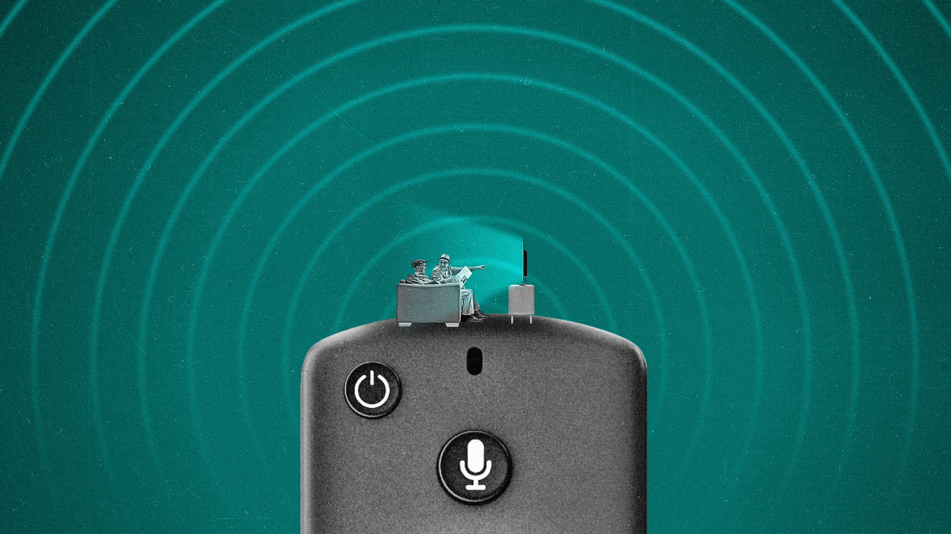 Two people sit on a couch watching TV perched on an oversized remote emitting radio waves.