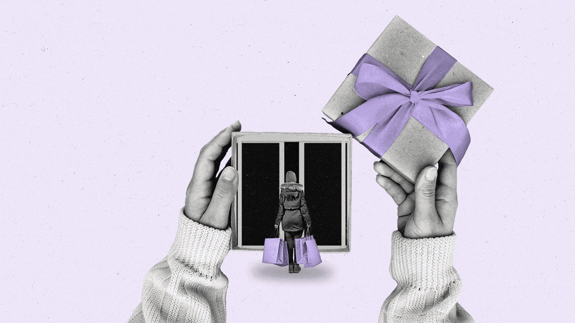 Hands opening a gift box revealing sliding glass doors and a shopper.