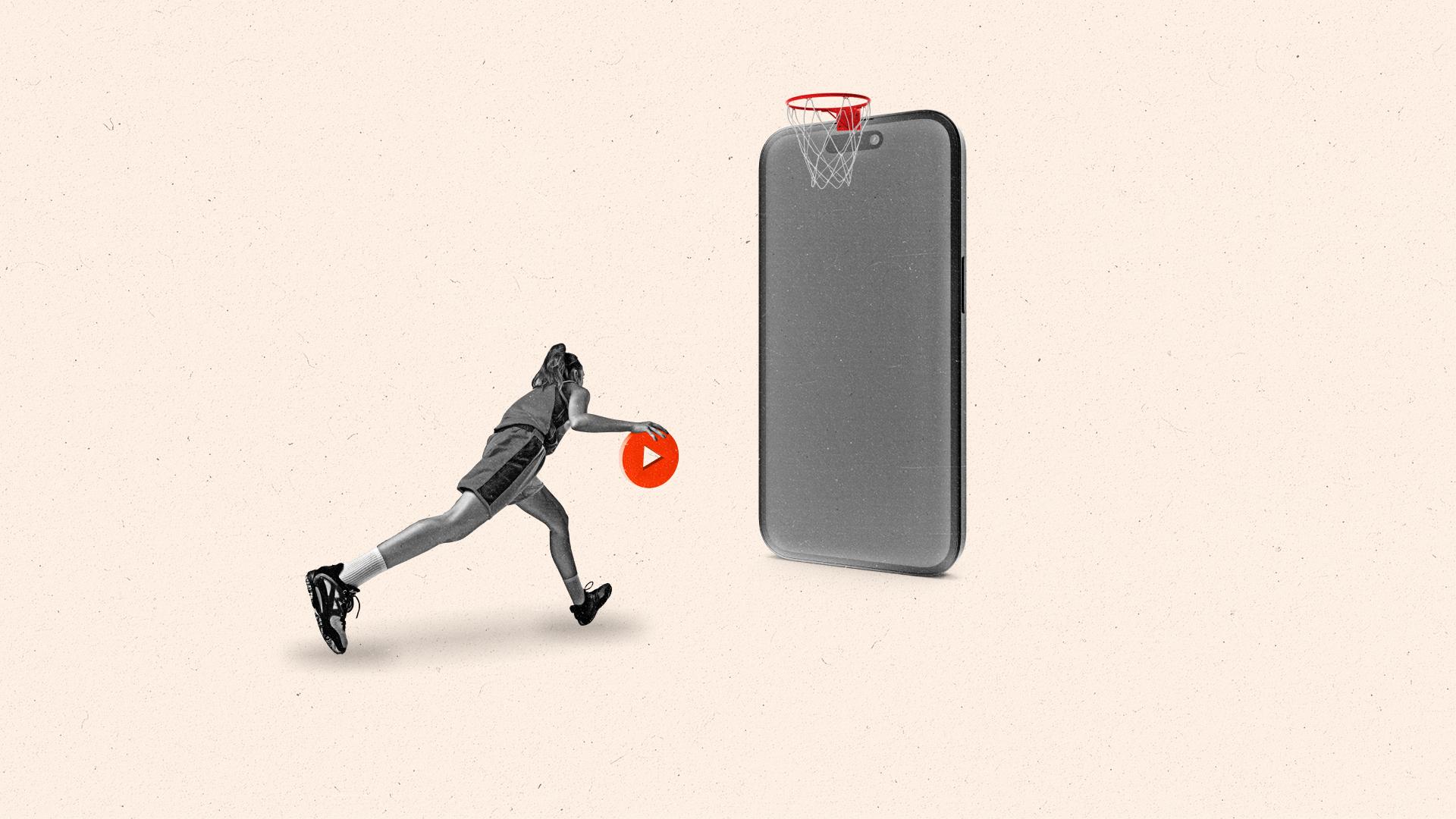 A women's basketball player dribbles a play button in front of a phone with a basketball hoop on the top of it.