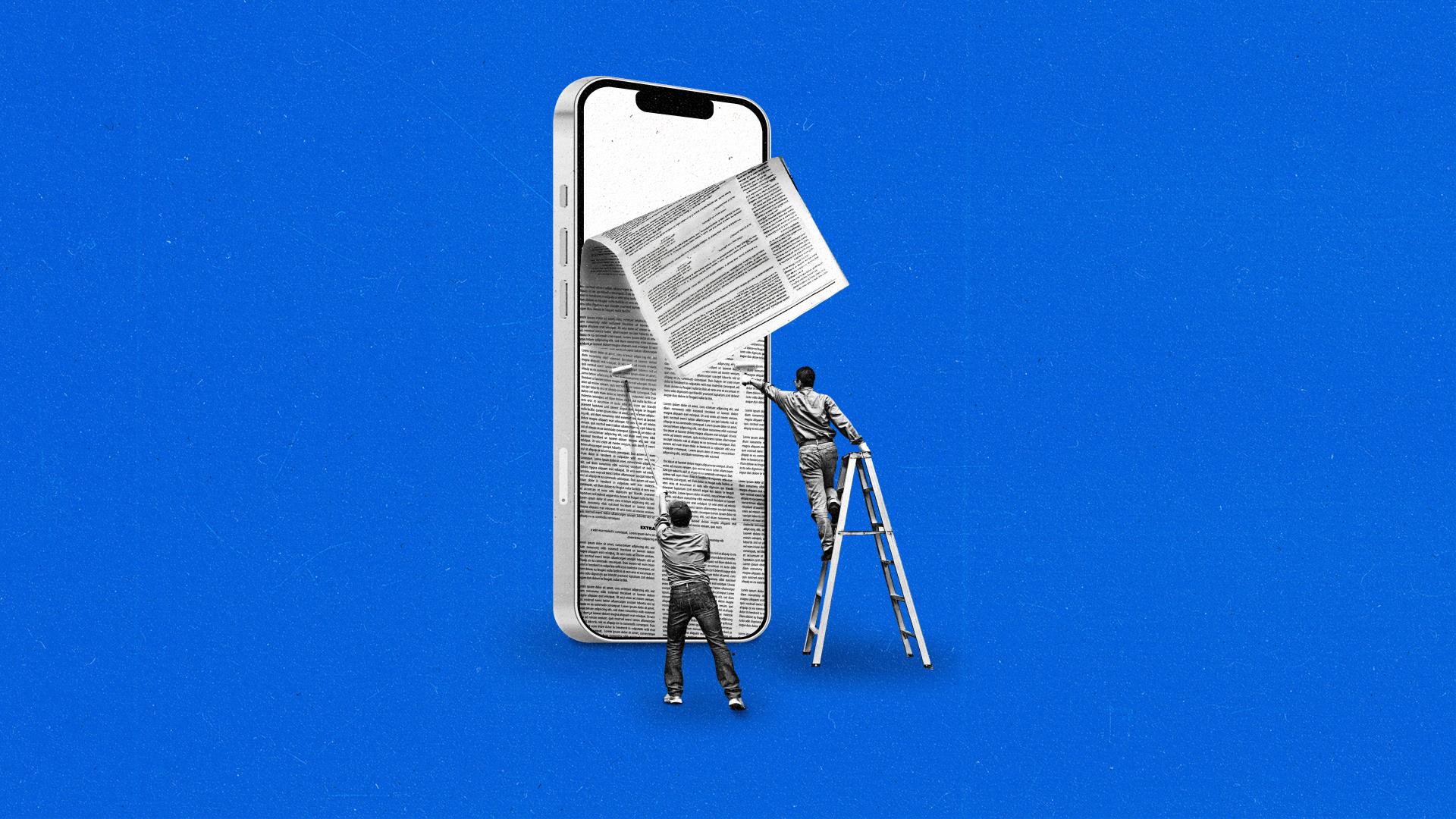 Two people hang newspaper on an oversized phone.