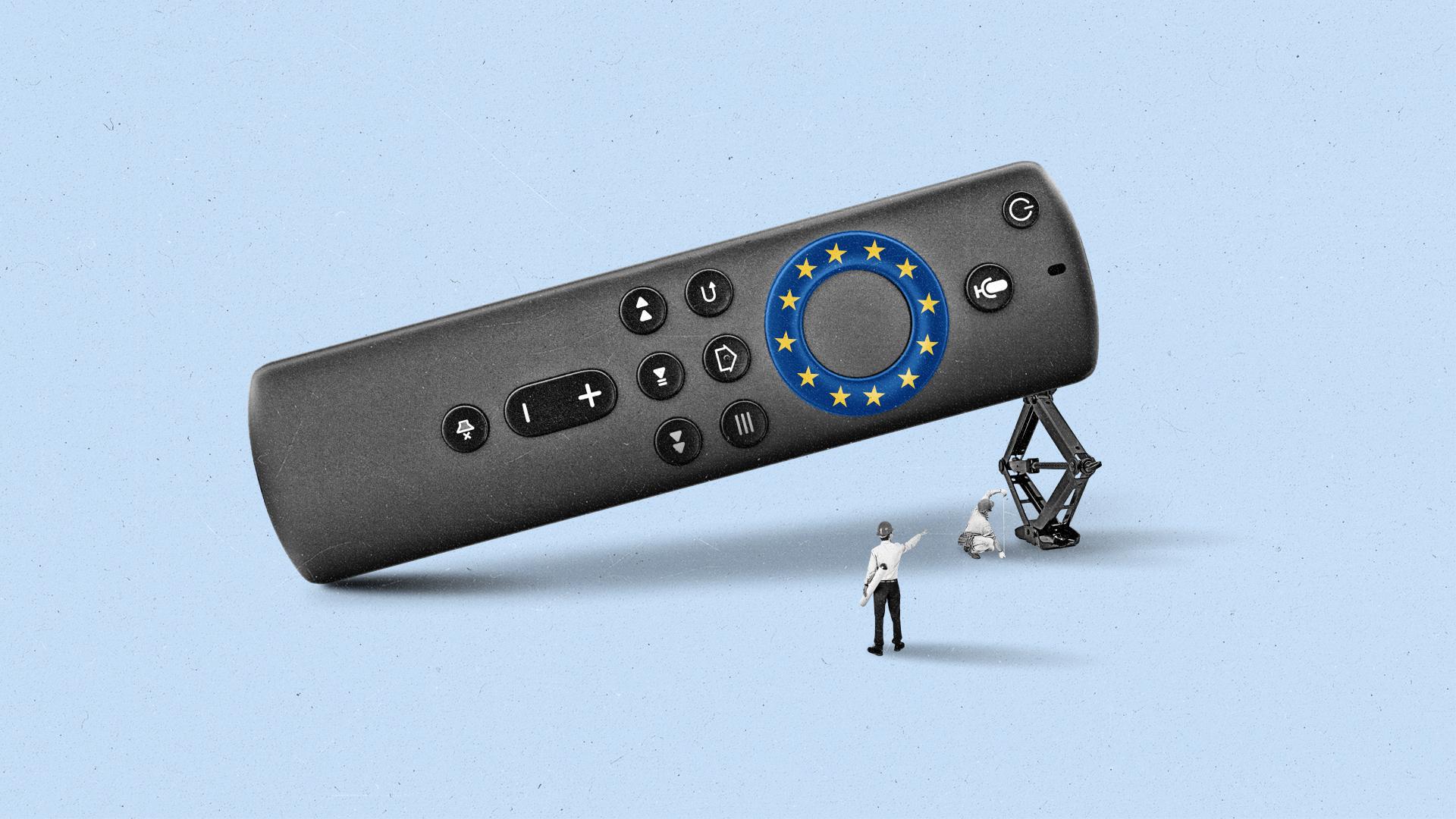 Construction workers hoist up a remote with the E.U. flag