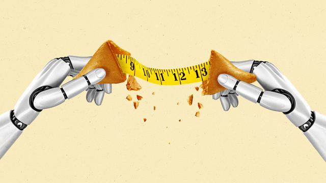 Two robotic hands split a fortune cookie, revealing measuring tape.