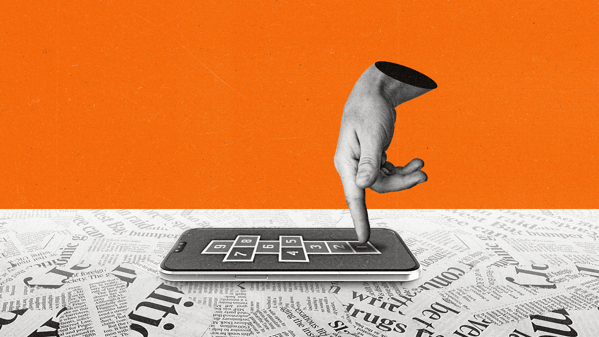 Hand plays hopscotch on a smartphone with newspapers covering the ground.
