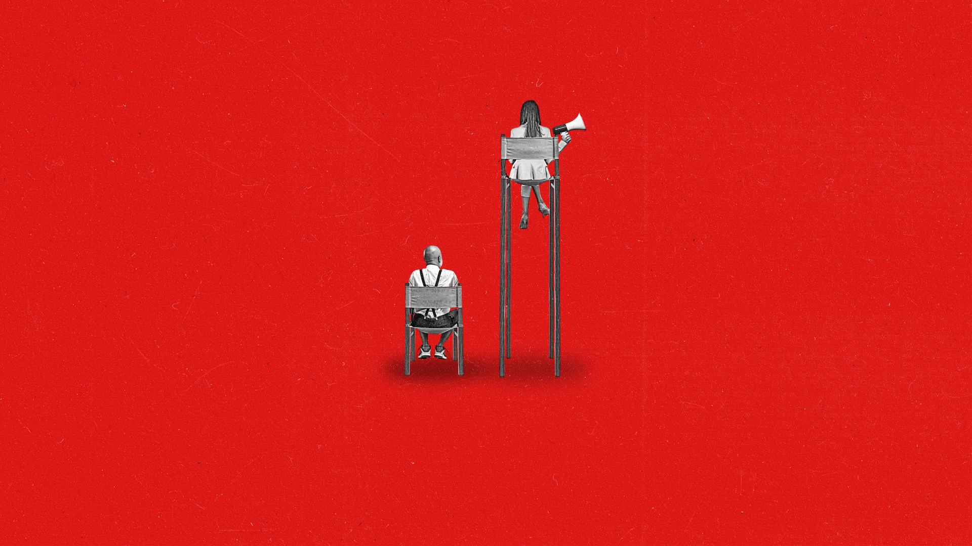 Two people sitting in directors chairs and one directors chair is much higher up than the other.