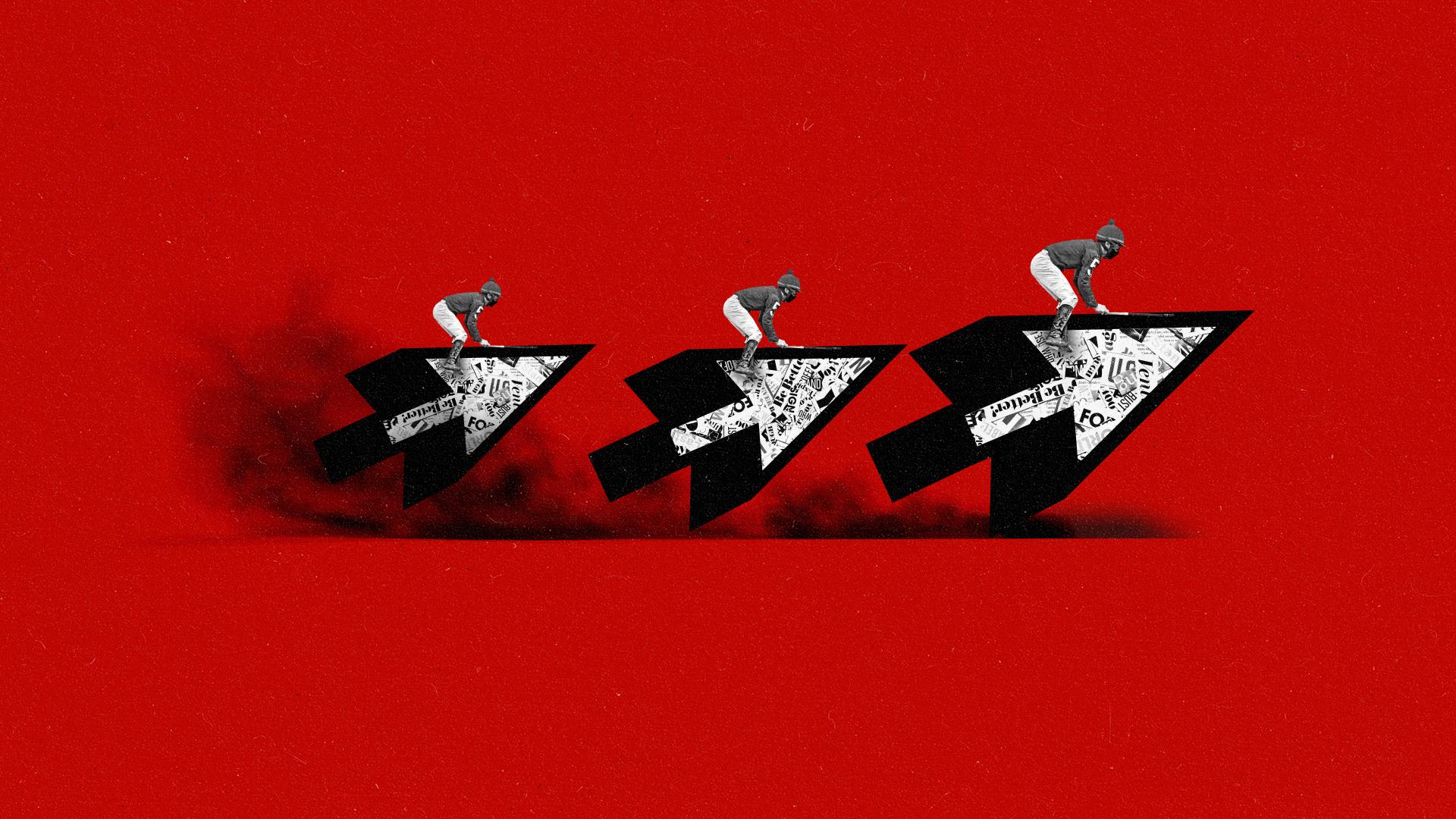 Three horse jockeys ride computer cursors in a race.