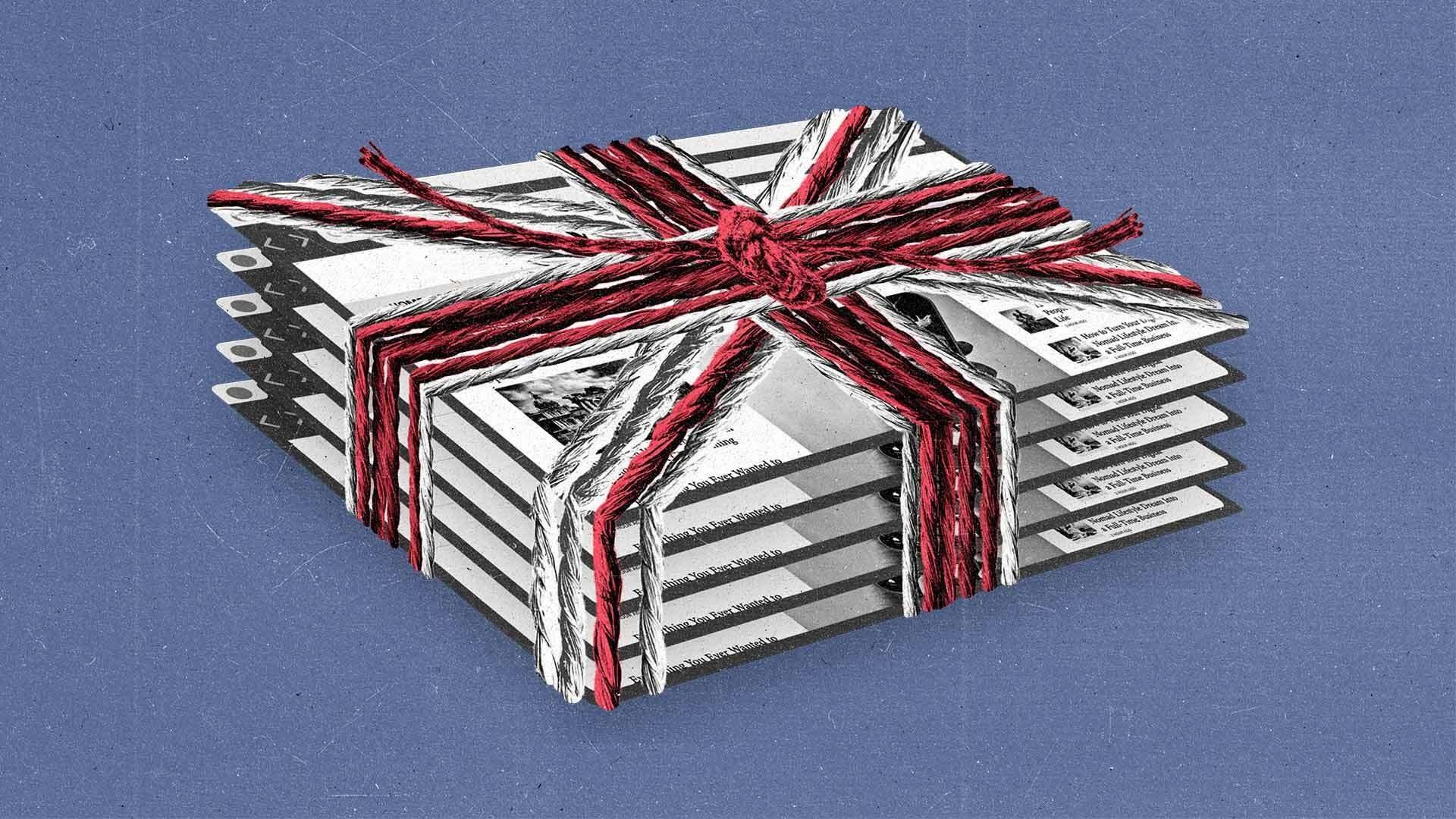 A stack of browser windows displaying news sites bundled with red twine arranged to look like the Union Jack.