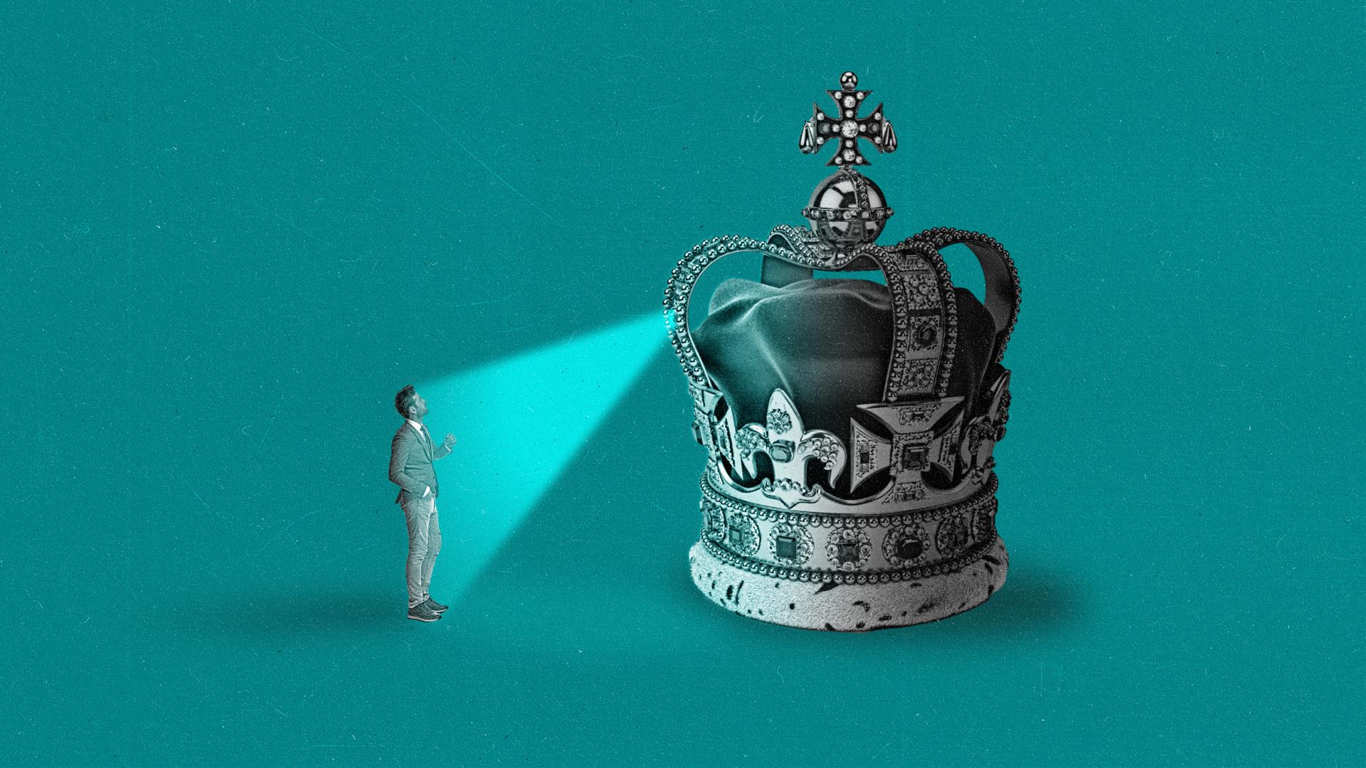 A British crown with an ID scanner scans a person.