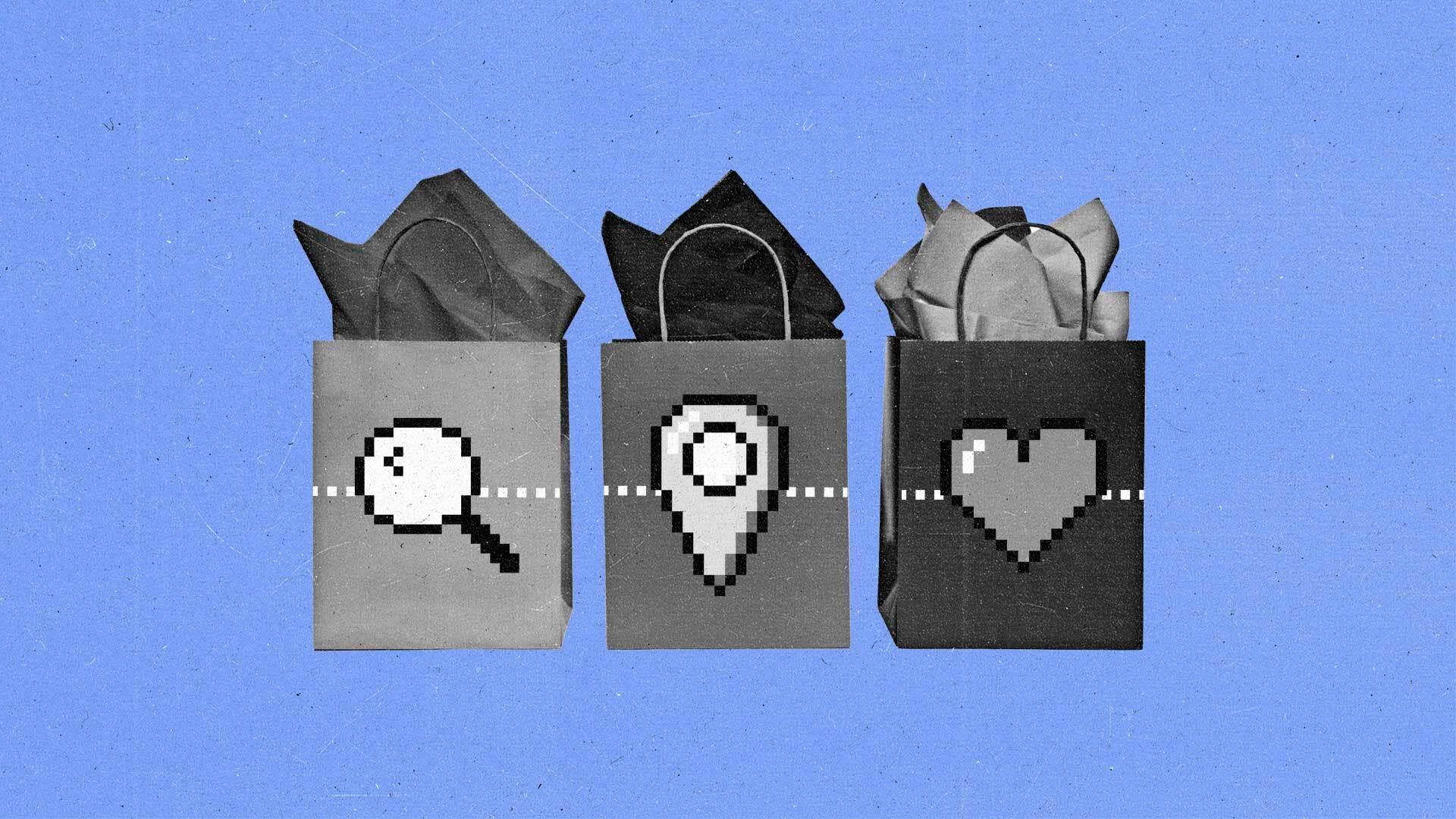 Three shopping bags, each showing a retail media icon in front of a horizontal dotted line.