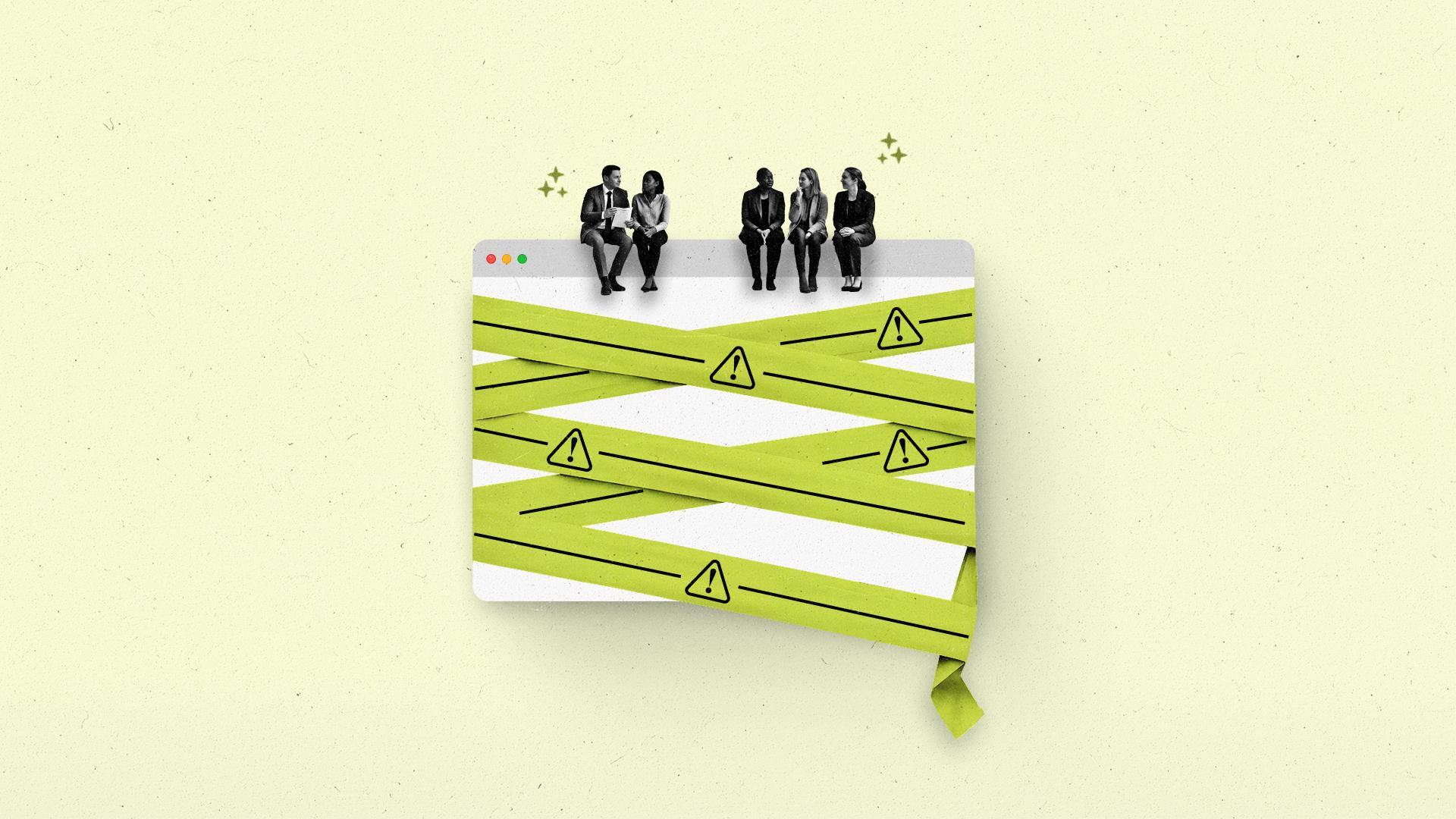 a group of people sit on top of a browser window covered in caution tape.