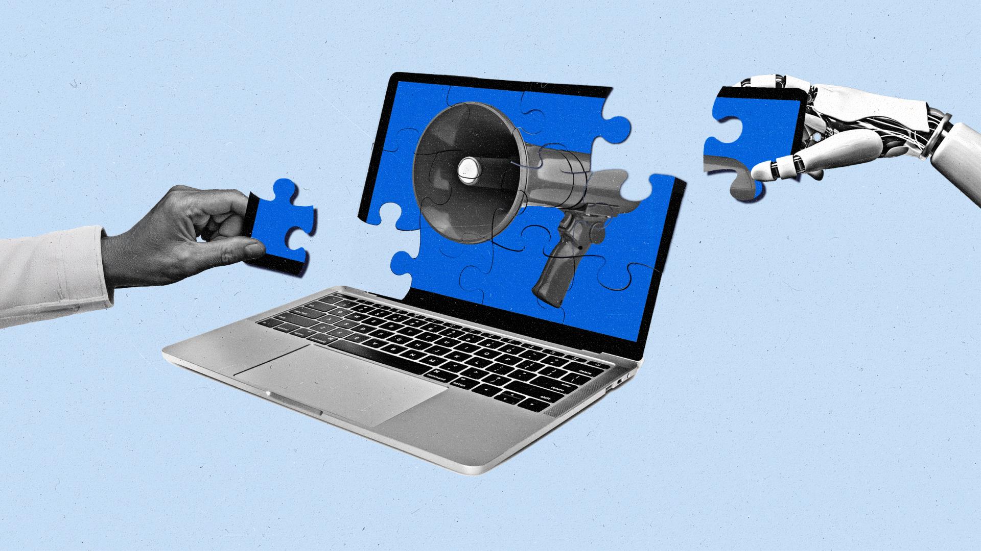 A laptop with a jigsaw puzzle screen showing a megaphone, with a human hand placing one piece and a robot arm placing another.