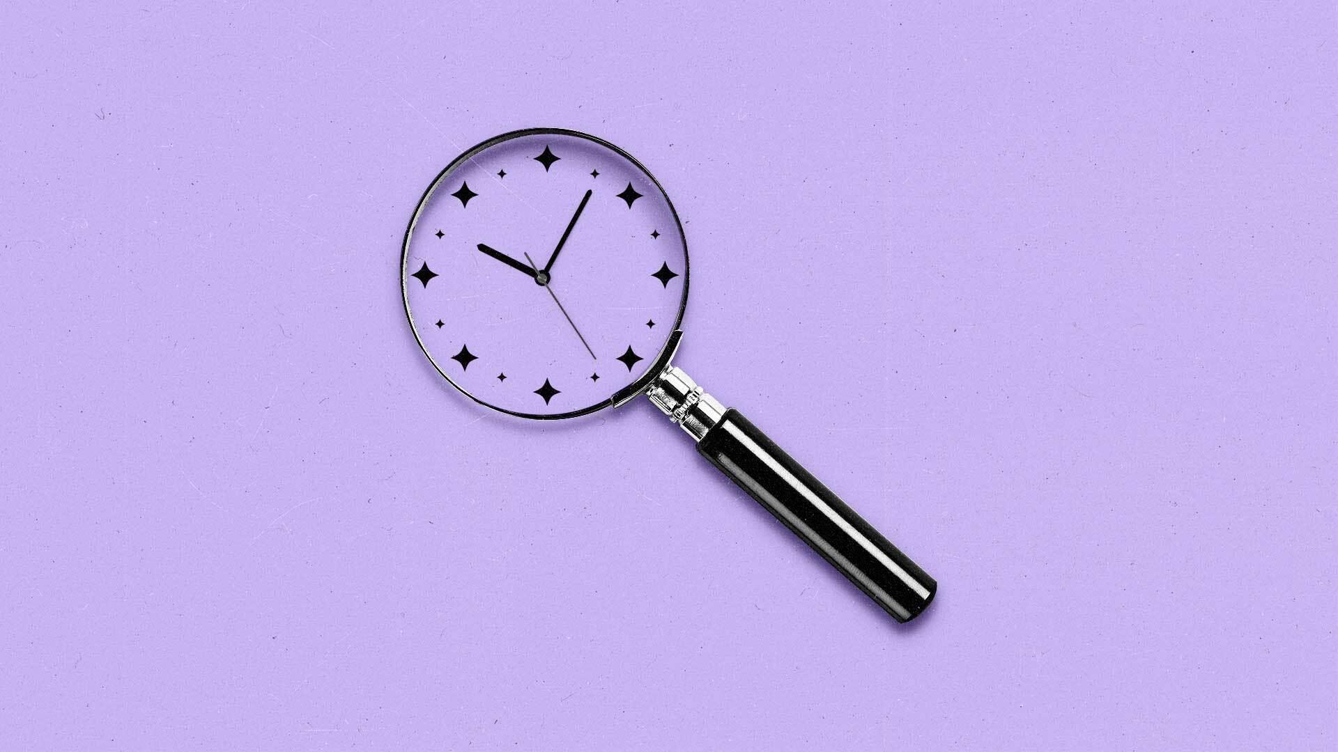 Magnifying glass containing a clock face and hands, with AI stars as the hourly markers.
