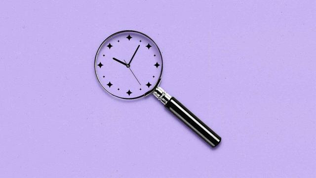 Magnifying glass containing a clock face and hands, with AI stars as the hourly markers.