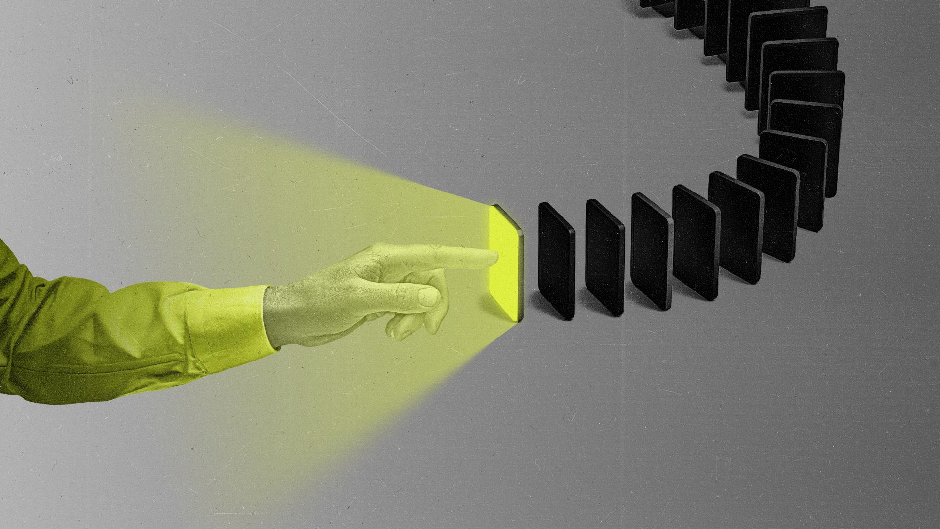Hand reaching towards a glowing phone at the start of a domino-like line of phones.