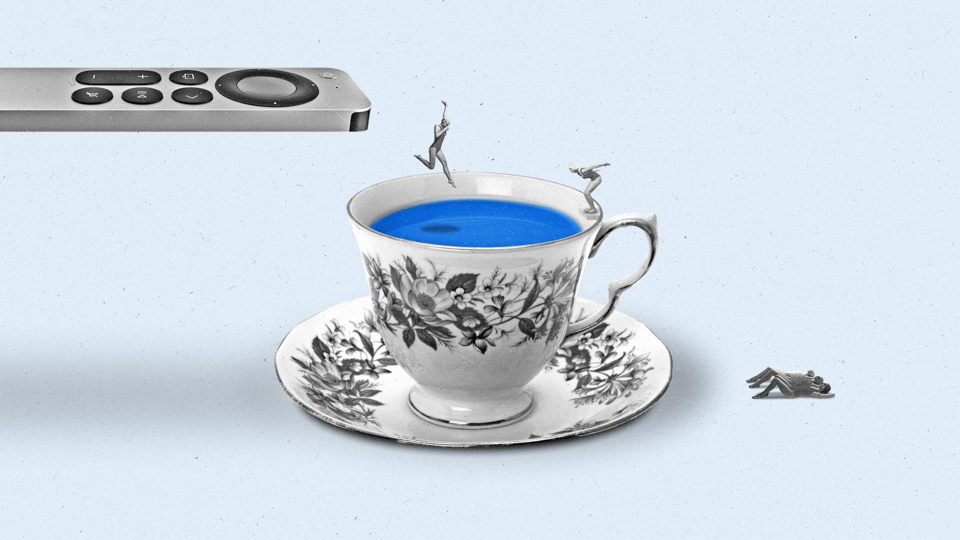 Divers diving from a diving board that looks like a smart TV remote into a cup of tea.