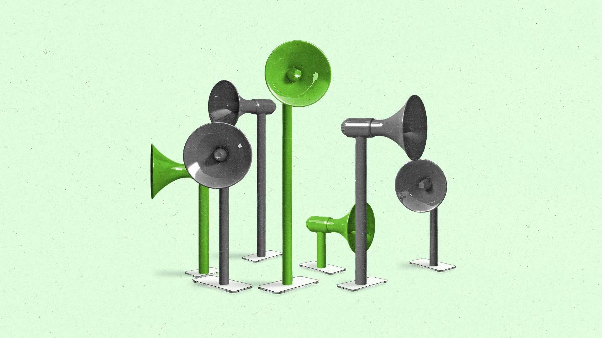 Gray and Green megaphone speakers sprouting up from mobile phone screens on the ground.