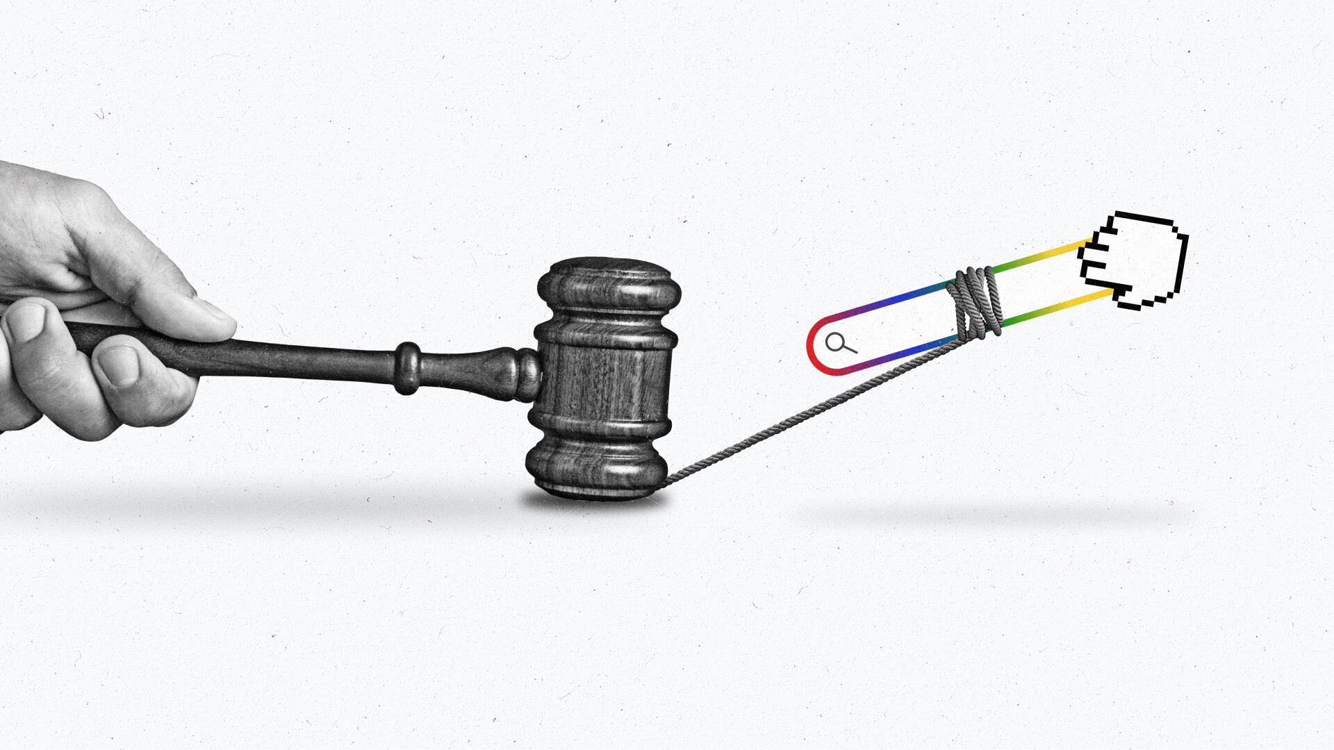 A hand holding a gavel with a lasso tied to an internet search bar.