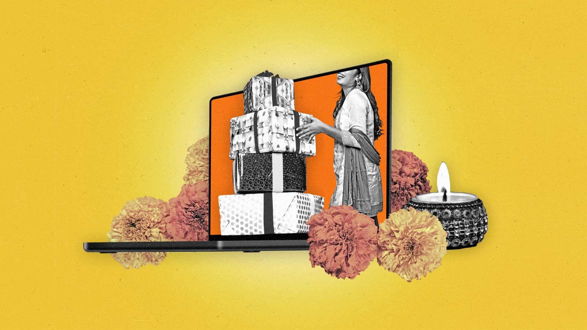 Marigolds and a Diya lamp around a laptop showing woman’s hands holding stack of gifts