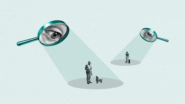 oversized magnifying glasses peer over the shoulders of smartphone users