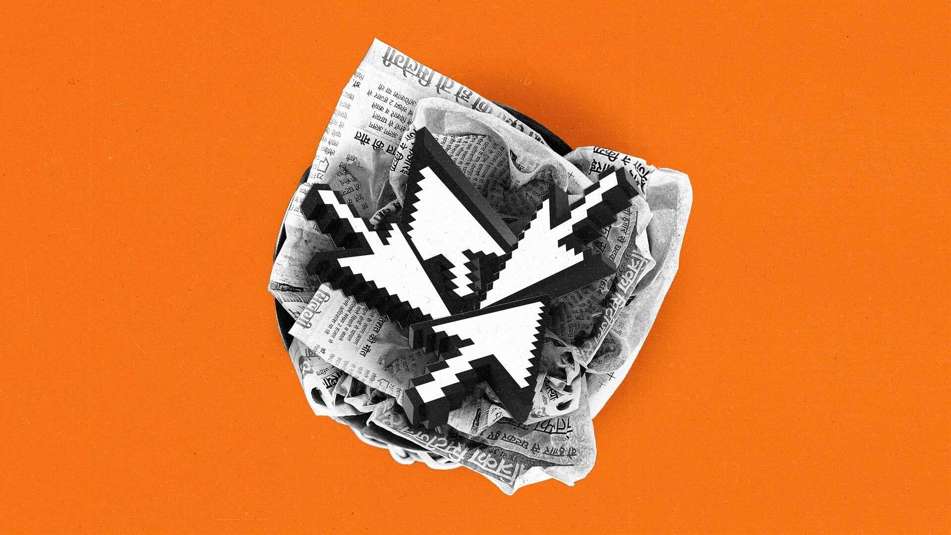 4 pointer cursors arranged in a snack basket lined with newspaper.