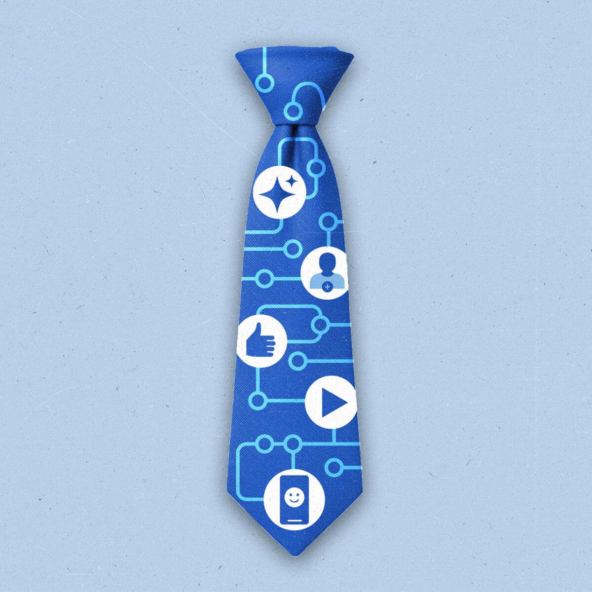 Blue necktie showing professional social networking symbols connected by circuitry lines.